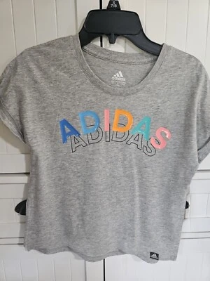 Girls Kids Youth Adidas Shirt NEW Short Sleeve Multi Logo Gray Size Small 7/8 - Image 1 of 2