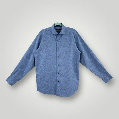 Camisa masculina Bugatchi azul paisley manga longa média 100% algodão - Imagem 1 de 4