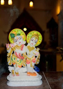 12" Mármol Blanco Radha Krishna Con Vaca Ídolo Espiritual Religioso Para Decoración Pooja - Imagen 1 de 8