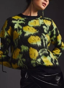 Anthropologie RD Style Women's Size LG Floral Knit Crewneck Black/yellow - Picture 1 of 6