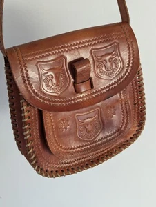 Vtg Satchel Embossed Tooled Bag Genuine Leather Tan Brown Handmade Shoulder vgc - Picture 1 of 17