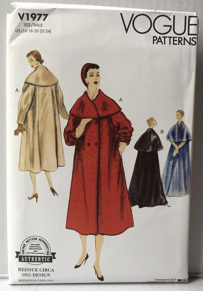 Vogue Pattern 1977 Reissue Circa 1955 Design Coats Cape Collar Sizes 16-24 New - Image 1 of 2