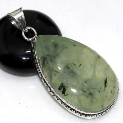 Colgante de piedras preciosas enchapadas en plata 925 de prehnita de musgo 2" joyería estética GW Foto 1 de 3