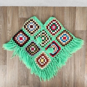 Vintage Kinder Granny Square Häkel Poncho bunt grün Fransen Boho Hippie - Bild 1 von 8