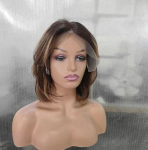 100% Echthaar Perücken kurz ombre braun blond Highlight 13x4 Lace Front Perücken - Bild 1 von 6