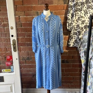 VINTAGE BLUE & WHITE DRESS SIZE 18 CHIFFON SPOTTY & STRIPE LONG SLEEVE 80s (dr17 - Picture 1 of 8
