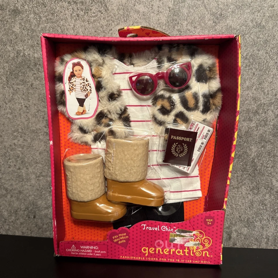 Our Generation Doll Outfit Travel Chic Jacket Top Tights BOOTS Glasses Passport