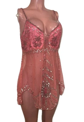 Busto Cami Top Y2K Vintage Rosa Malla Semi Transparente Forrado con Cuentas Fiesta Música Concierto Foto 1 de 4