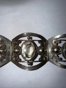 Bracelet Abalone Mexico Silver Alloy Vintage Not Sterling 1.5” Wide 6.5” Long - Picture 1 of 24