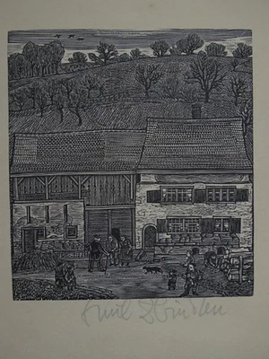 Bauernhof Bauernhaus Familie - Emil Zbinden - signierter Holzschnitt - 20. Jh. - Bild 1 von 3