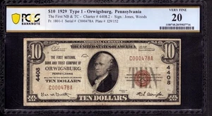 1929 $10 FIRST NATIONAL BANK NOTE CURRENCY ORWIGSBURG PENNSYLVANIA PCGS B VF 20 - Picture 1 of 4