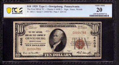 1929 $10 FIRST NATIONAL BANK NOTE CURRENCY ORWIGSBURG PENNSYLVANIA PCGS B VF 20 - Image 1 of 4