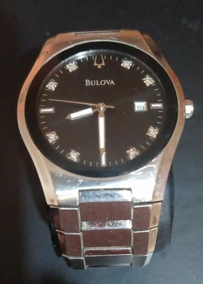 Bulova 96D104 Black Dial Silver Watch with 8 Diamonds. Pre-Owned. Needs Battery - Image 1 of 4
