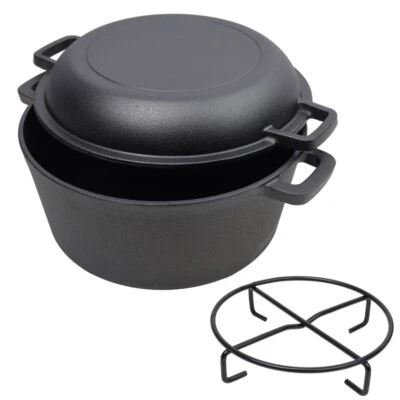 2-in-1 Pre-Seasoned Cast Iron Dutch Oven Pot 5 qt Camping Cooking Pan w/ Handles - Image 1 of 4