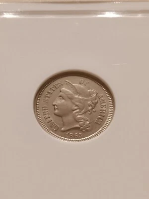 1865 3CN Three Cents, NGC AU-58, choice AU and toned - Image 1 of 4