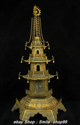 Torre Pagoda Estupa Buda 35" Marcada Qianlong Plata Antigua Dorado 3 Capas Foto 1 de 4