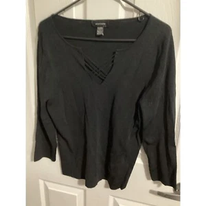 pointelle women top blouse shirt black LG L/S - Picture 1 of 1