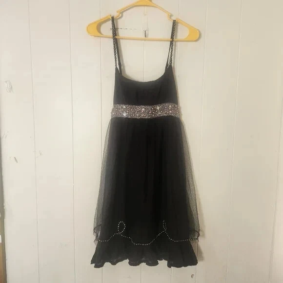 Free People Black Beaded Strappy Babydoll Mini Dress Sz 8 New Years Eve - Image 1 of 4