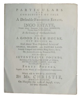1791 CHRISTIE'S AUCTION CATALOGUE Estate Sale NORTHUMBERLAND Agriculture MINING - Image 1 of 3