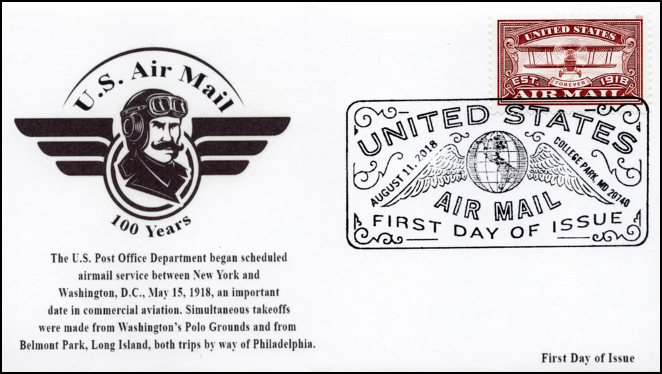 18-206, 2018, Airmail, Red, First Day Cover, Pictorial Postmark, 100 Years - Image 1 of 1