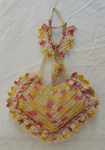 Antique Crocheted Hanging Pin Cushion & Thimble Holder w/ Real Wishbone, Ribbon Cover