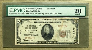 1929 Ty.1 $20 [] COLUMBUS Ohio [] Ch# 7621 [] Fr  1802-1  []  PMG 20 - Picture 1 of 3