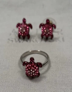 Atelier Swarovski Pink Turtle Stud Earrings And Ring - Picture 1 of 5