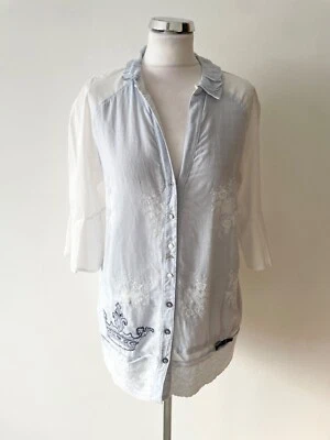 CAMISA ELISA CAVALETTI BLANCA Y AZUL PÁLIDO LINO Y ALGODÓN MEDIA MANGA TALLA 14 Foto 1 de 4