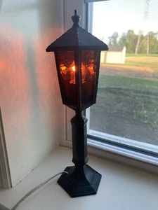 Vintage (Copper?) Table Lamp In 'Street Light' Style w/Amber Glass Inserts-WORKS - Picture 1 of 18