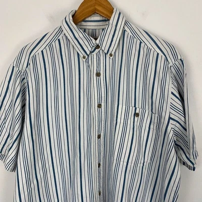 Wrangler Rugged Wear Shirt Mens Large White Blue Striped Short Sleeve Button Up - Image 1 of 4