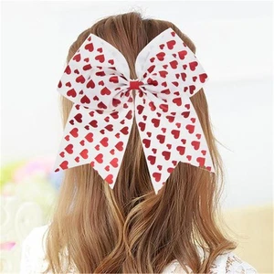 7"Red Valentine's Day rose Heart-shaped Bows Cheer Bow Ponytail Hair Ties Hol... - Picture 1 of 1