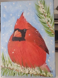 Winters Fat Happy Cardinal Ölgemälde 5" x7" Künstler SIGNIERT gewickelte Leinwand - Bild 1 von 6