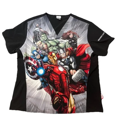 Y2K Marvel Avengers AOP Scrub Top Unisex Size XL All Over Print Black - Image 1 of 4