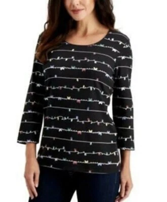Karen Scott Petite Holiday-Print 3/4-Sleeve Top Deep Black Lights SZ PXL - Image 1 of 3
