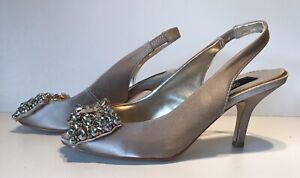 Dorothy Perkins gold bow peeptoe slingback stiletto shoes sandals Size UK 4 VGC