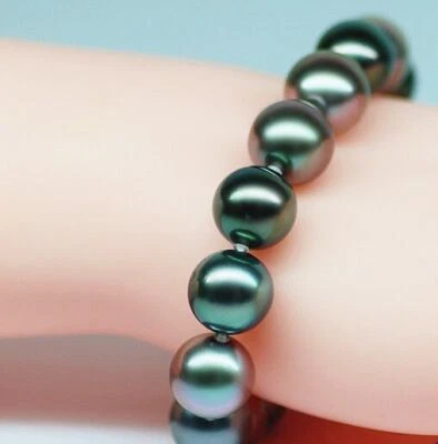 Charm 7.5"9-10mm Genuine Black Round Pearl Bracelet Jewelry Men Women 0188 - Image 1 of 3