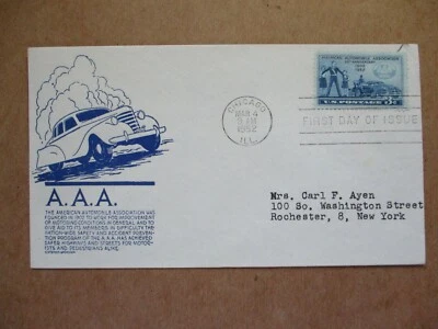 COVER  FDC  CACHET  "A.A.A. AMERICAN AUTOMOBILE ASSOCIATION 1952 "   See Pic - Image 1 of 3