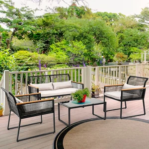 Patio Furniture Set 4Pcs Outdoor Wicker Sofas Rattan Chair Conversation Black - Picture 1 of 5