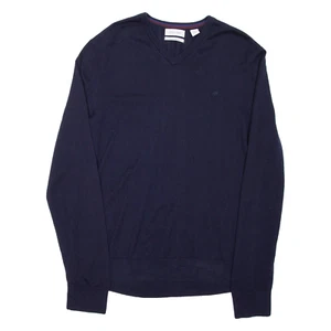 CALVIN KLEIN Mens Jumper Blue V-Neck Tight Knit Wool L - Picture 1 of 6