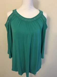 Joan Vass Woman Santina Turquoise 3/4 Sleeve Cold Shoulder Floral Size M Medium - Picture 1 of 11