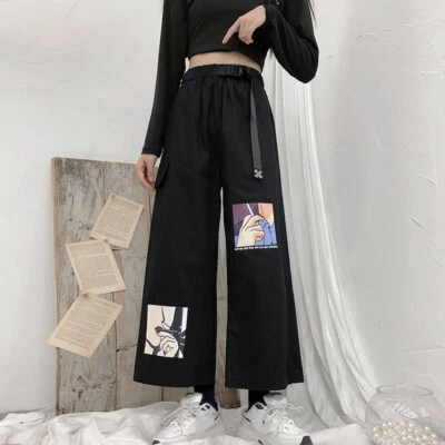 Pantalones informales rectos de dibujos animados para mujer de pierna ancha estilo japonés Harajuku Foto 1 de 4