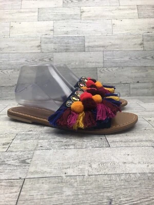 Kenneth Cole New York Osmond Slide Sandals Size 8.5 M Pom Poms Fringe - Image 1 of 4