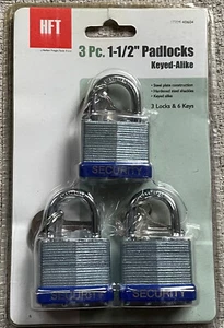 Lot of 3 Steel Padlocks Security Set 1-1/2 inch Keyed Alike 3 Locks with 6 Keys - Picture 1 of 2