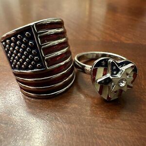 Patriotic American Flag 2 Rings Set Enamel Finger Ring Size 8 Unisex