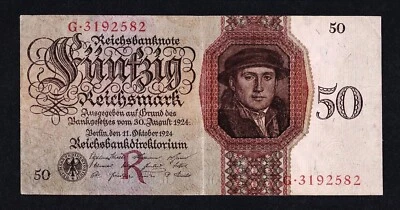 GERMANY 1924 BERLIN REICHSBANKNOTE 50 REICHSMARK P-177 Ro.170a DEU-176a R/G VF+ - Image 1 of 2