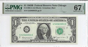 1963B $1 CHICAGO FRN. PMG Superb GEM Uncirculated 67 EPQ Banknote. "BARR" Signed - Picture 1 of 2