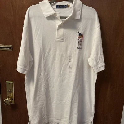 Polo Ralph Lauren Polo Shirt Classic Fit White Bear Flag Cotton Mens Tall L NWOT - Image 1 of 4
