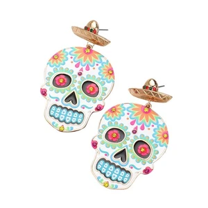 NEW Dia De Los Muertos Rhinestone Accented Colorful White Sugar Skull Earrings - Picture 1 of 1