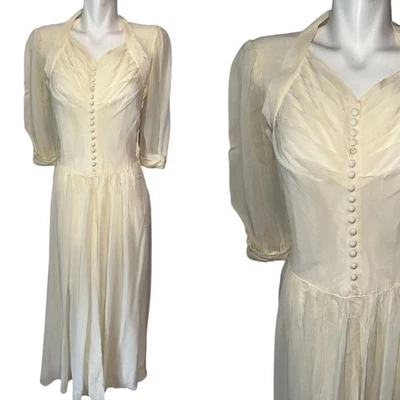 Vtg 40s Off White Wedding Dress Sheer Sleeve Chiffon Sweetheart Neckline S/M - Image 1 of 4