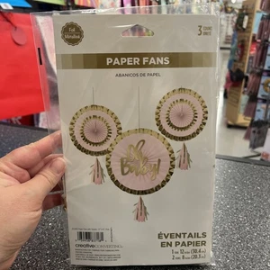 Oh Baby Pink & Gold Foil Decorative Hanging Paper Fans W/ Tassels 3ct NEW 12”/8” - Picture 1 of 6